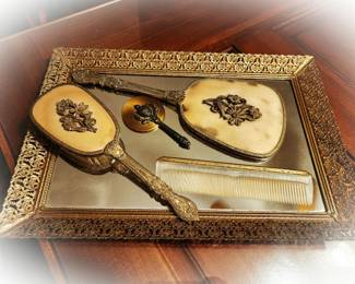 Antique comb, brush, mirror set