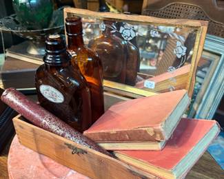 vintage books, bottles, box
