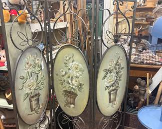 Vintage 3-panel folding room divider  featuring hand-painted floral art within a scrolled wrought iron frame 