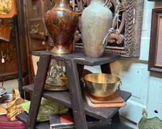 ladder shelf, pottery, brass