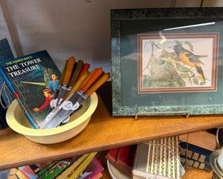 Fiesta Ware veggie bowl, Hardy Boys mystery, framed bird print