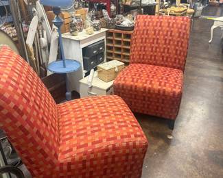 Vintage MCM armless slipper chairs with unique red/orange geometric checkered pattern 