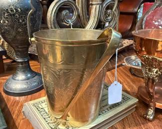 small, beautiful vintage brass ice bucket with matching tongs