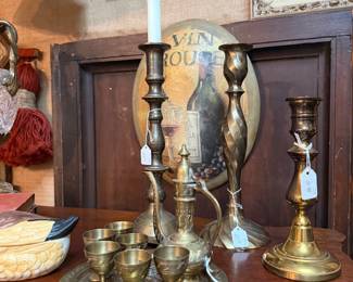 brass candlesticks, small tea set