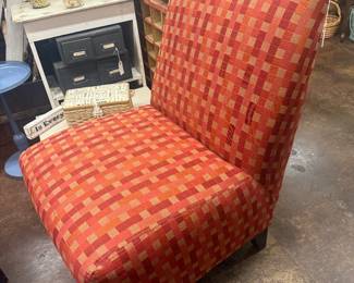 Vintage MCM armless slipper chairs with unique red/orange geometric checkered pattern 