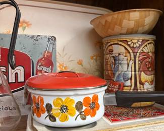 vintage pot, canister, signage