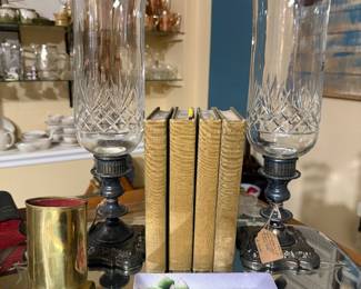 books, candlestick globe, floral trinket tray