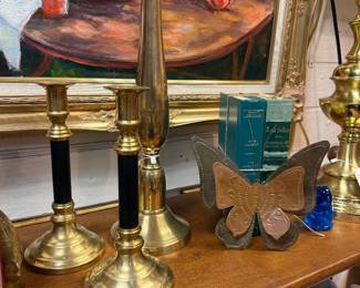 vintage large brass candlesticks, vintage brass & black candlesticks