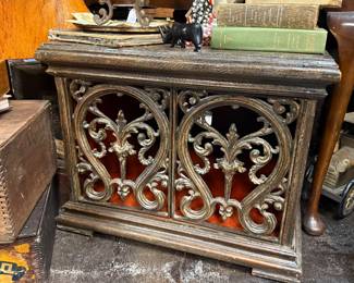 Vintage wood accent cabinet with metal ornate scroll fretwork 