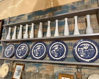 milk glass bud vases, Blue Willow plates