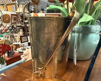 small, beautiful vintage brass ice bucket with matching tongs
