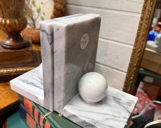 Vintage gray veined marble sphere bookends 