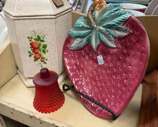 strawberry platter, strawberry themed canister