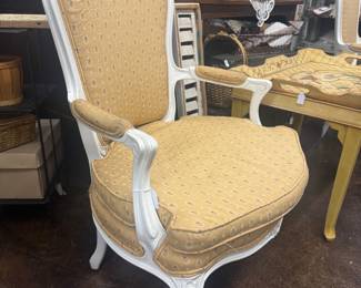 Louis XV French Provincial  arm chairs with flower detail on back and yellow patterned upholstery , 2 available
