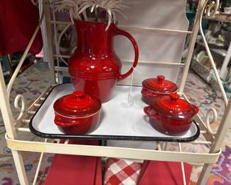 Le Creuset stoneware pitcher, matching lidded mini cocottes