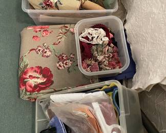 Needlepoint canvases, fringe, vintage fabric