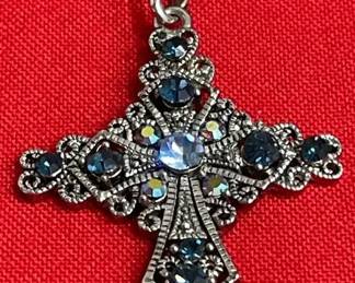 Blue Beaded Blue Rhinestone Cross Pendant Necklace