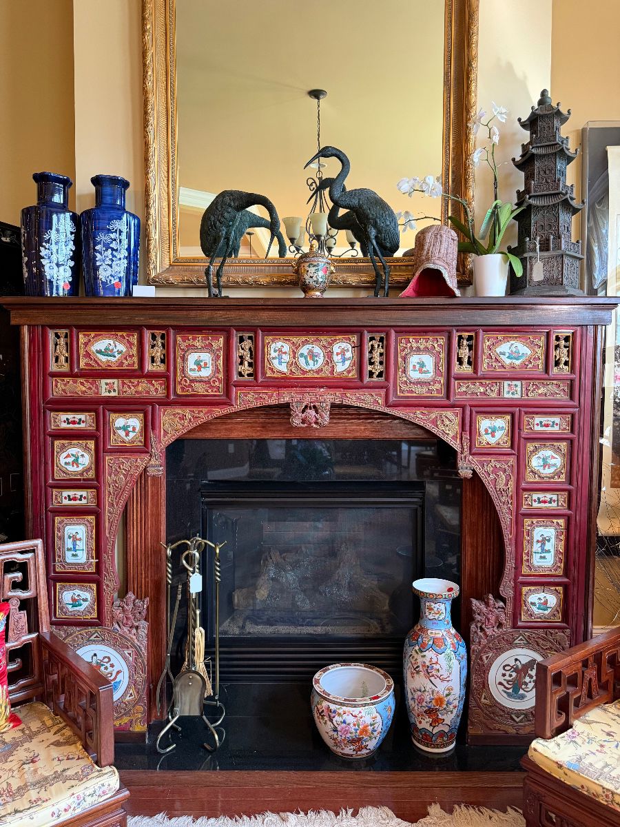 Hand carved porcelain hand painted tile fireplace cover