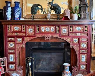 Hand carved porcelain hand painted tile fireplace cover
