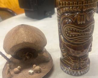 Hawaiian carved coconut shell and Hawaiian Tiki