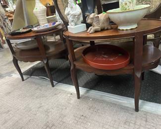 Pair oval walnut end tables