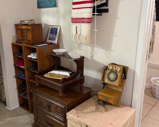 Vintage phone, storage box, end table