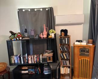 Tall Record player w/radio, works! VHS/CD's/Ent center