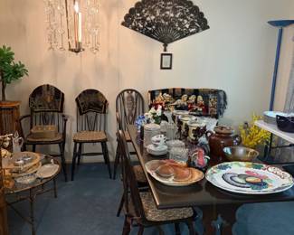 Dining table and chairs, glassware, decor