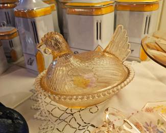 Hen on a nest pink depression glass