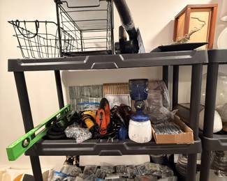nuts, bolts, screws, level, saws, paint sprayers, heat gun, leaf blower, table lamps