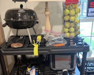 portable bbq, tennis ball hopper, soft sided cooler, trekking poles