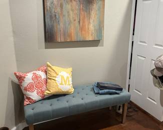 Upholstered bench, accent pillows, canvas art