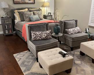 Queen bed, accent chairs, Ottomans, lamps, bedside tables