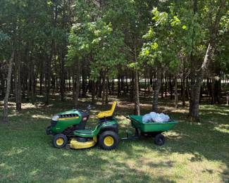 John Deere lawn mower, attachable wheelbarrow