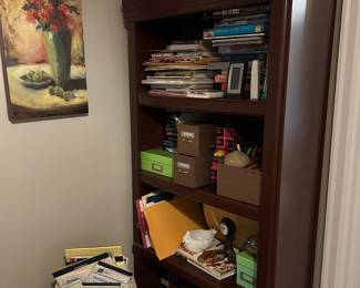 Bookcase, books, scrapbook supplies, office supplies 