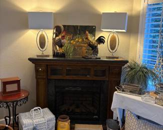 Electric fireplace, table, lamps, farmhouse, decor