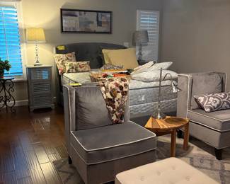 Queen bed, accent chair, ottoman 