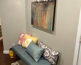 Upholstered bench, accent pillows, canvas art