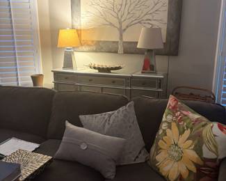Sectional, table lamps, wall art, accent pillows