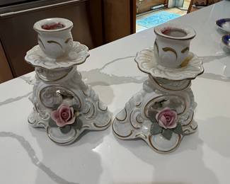 Pair of Vintage Dresden Porcelain Candlestick Holders with Applied Roses and Gold Gilding