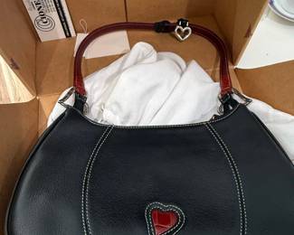 Brighton Hilda Heart Black Leather and Red Croc-Embossed Shoulder Bag
