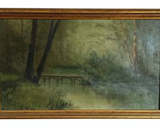 Vintage Landscape Oil Painting with Bridge
