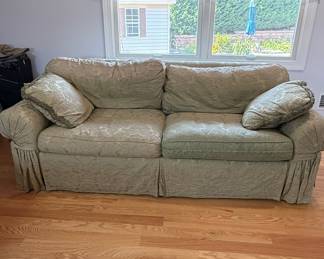 Ethan Allen Damask Upholstered Sofa with Pleated Skirt