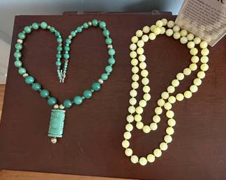 Vintage Jadeite Glass and Yellow Jade Beaded Necklace Set