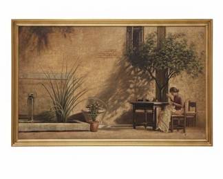 Vintage Courtyard Scene Oil Painting Signed