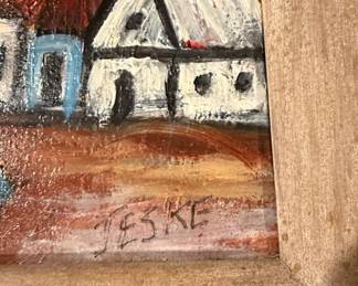 Original Primitive Harbor Scene Oil Painting Signed Jeske