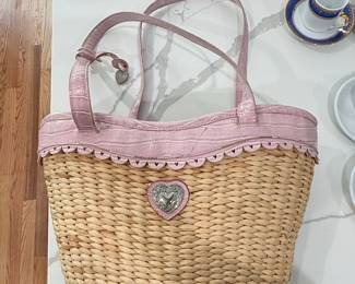 Brighton Woven Straw Tote with Pink Crocodile-Embossed Trim and Heart Medallion