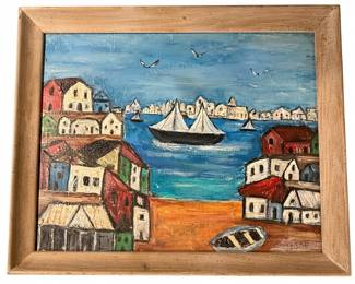 Original Primitive Harbor Scene Oil Painting Signed Jeske