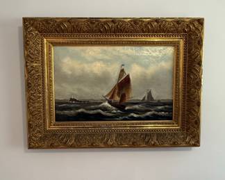Antique Seascape Oil Painting with Lighthouse and Sailboat, Signed 'M HEILLA'
