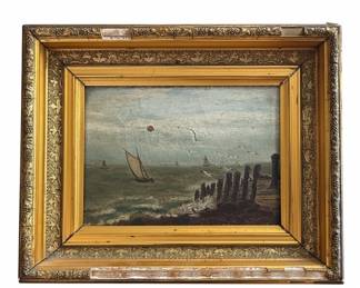 Antique Marine Seascape Oil Painting with Ornate Frame